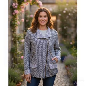 Lucky Brand Cardigan Vtg Lucky Lotus Gray Black Full Zip Sweater Womens Sz 1X